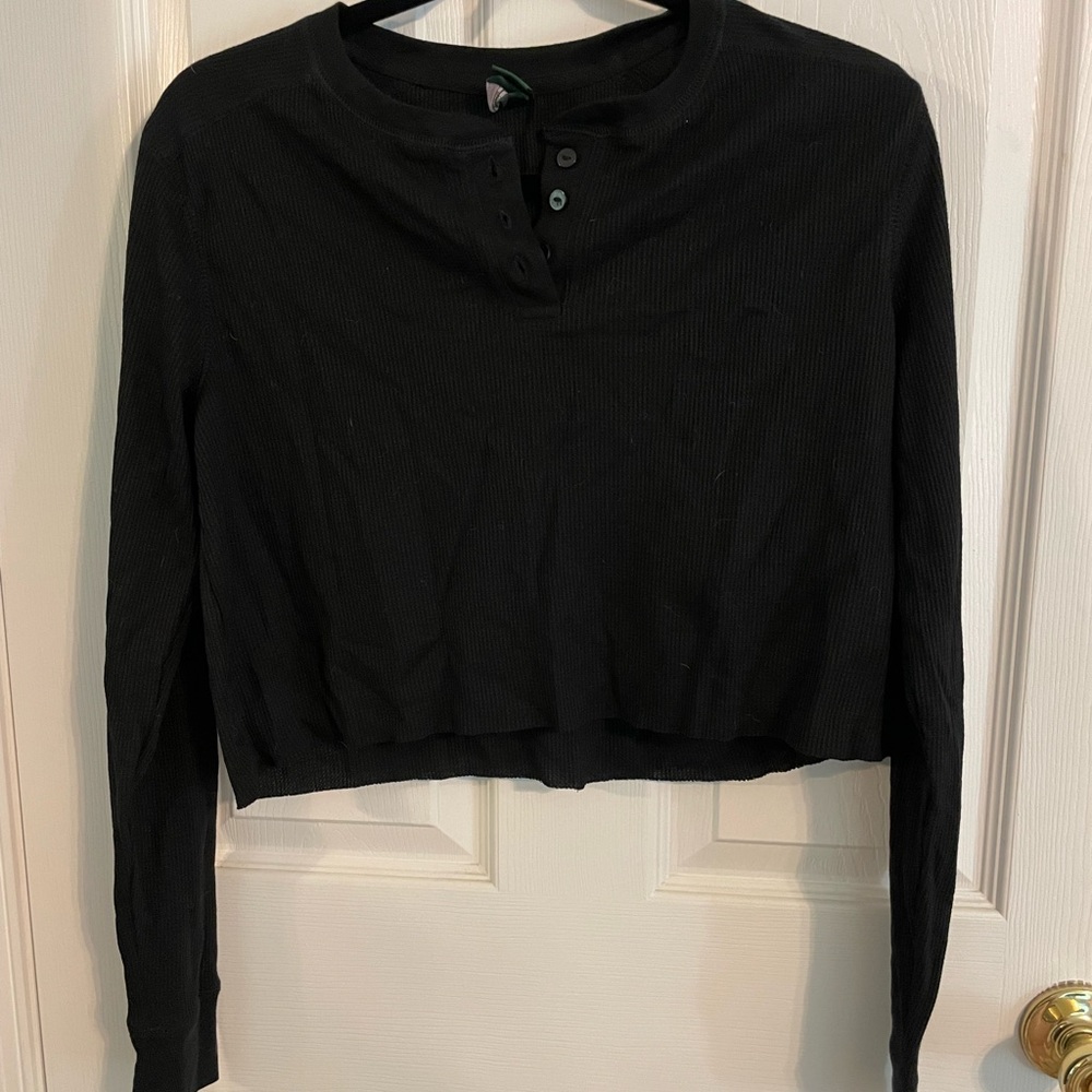 Wild Fable Black Cropped Long Sleeve Polo Shirt
